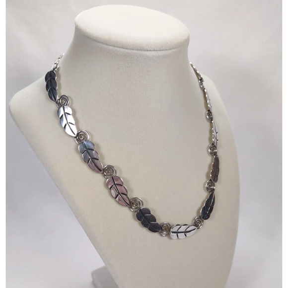 Vintage A or R Muñoz Taxco 925 Sterling Silver Leaf Necklace 17” Handmade Mexico - Picture 4 of 16